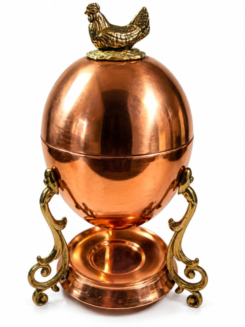 CEW-10--Vintage Copper Egg Warmer Boiler Hen Finial Ornate Stand 1950